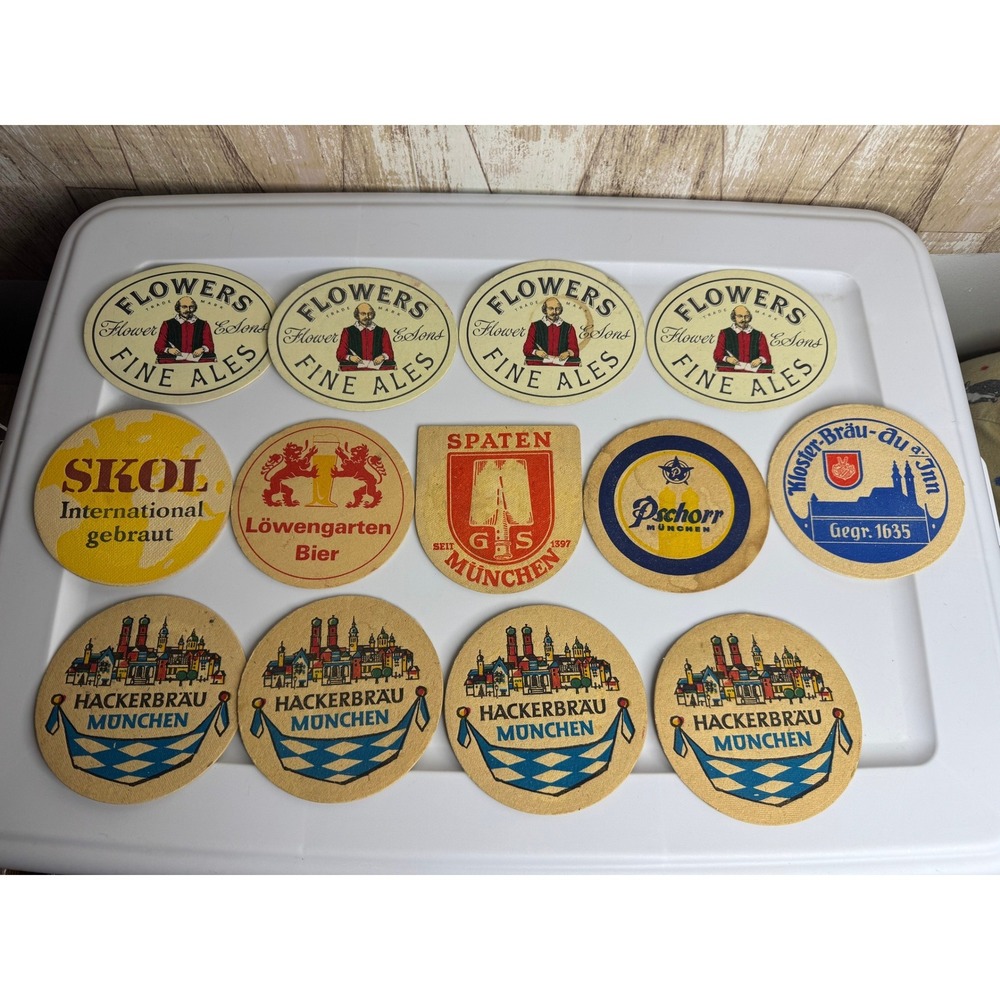 Vintage Beer Coaster Lot 13pc Hackerbrau Spaten Fine Ales Skol Lowengarten